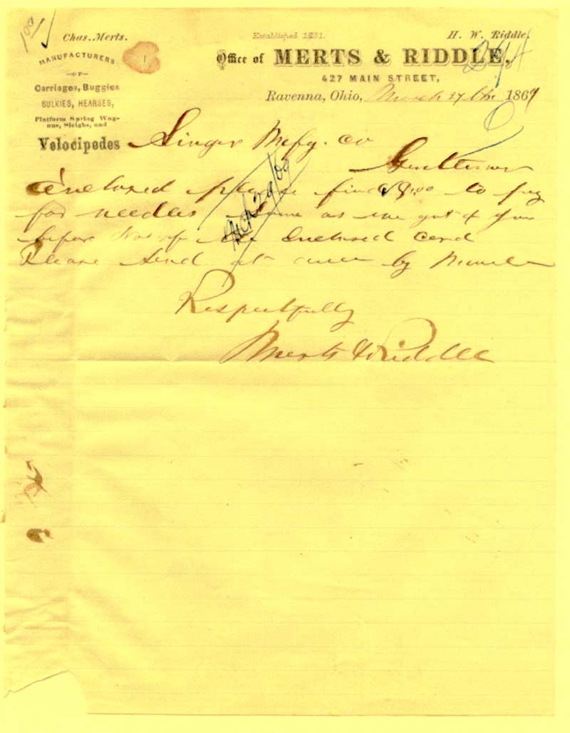 1864 Merts and Riddle letterhead mentioning carriages, buggies, sulkies, hearses, platform spring wagons, and velocipedes
