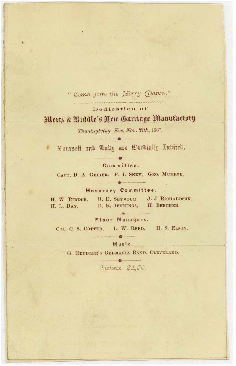 1867 invitation to the dedication of Merts and Riddle's new carriage manufactory