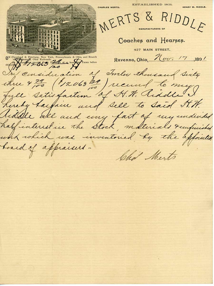 1891 hand-written document detailing the separation of Merts and Riddle