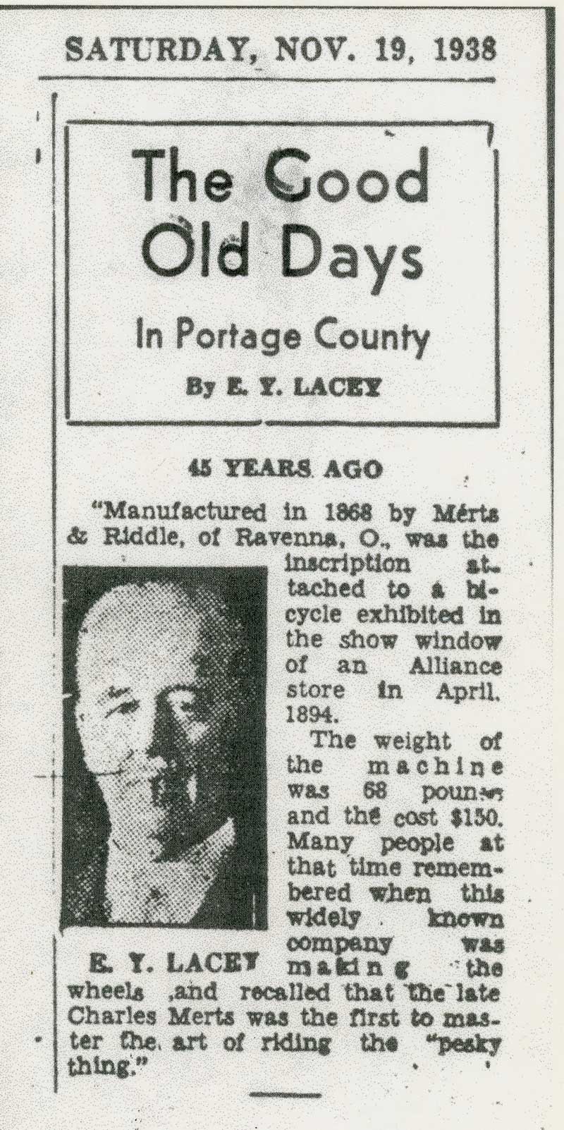 Newspaper clipping: Merts rode bicycle