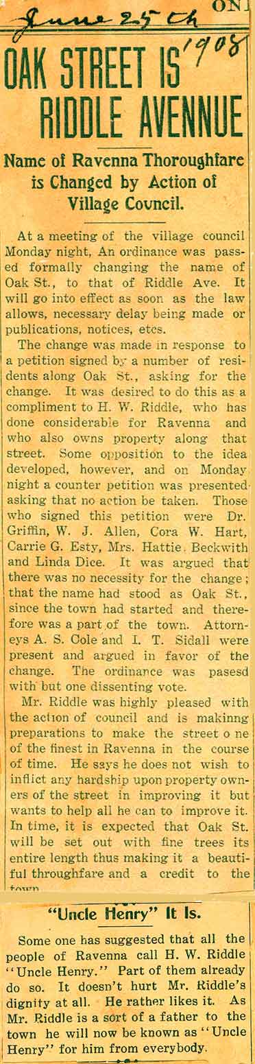 Oak Street becomes Riddle Avenue newspaper clipping