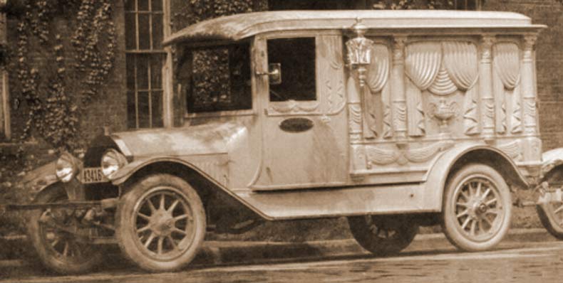 Close-up of a motorized Riddle hearse from the early 1920s