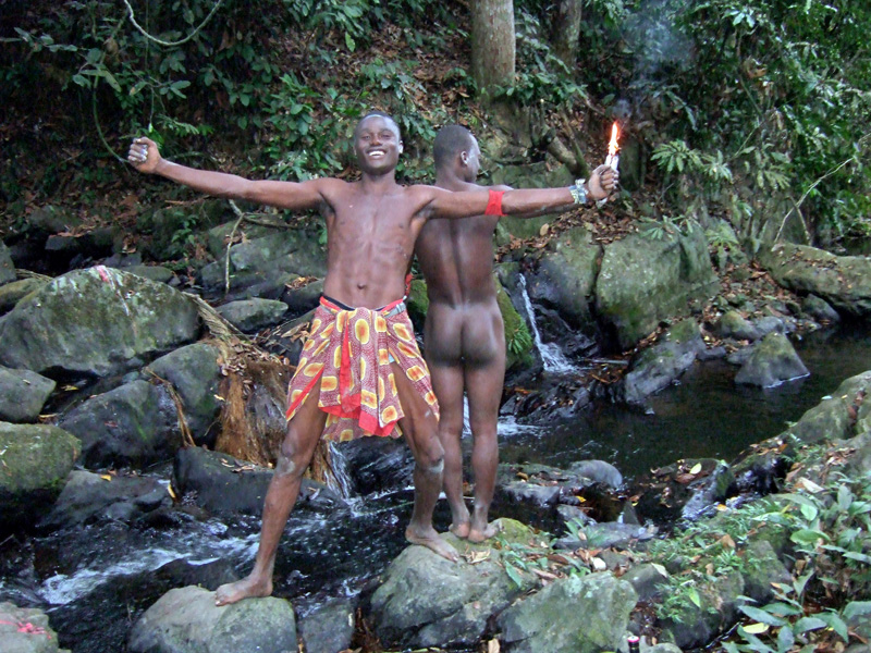 Gangas clowning near the waterfall
